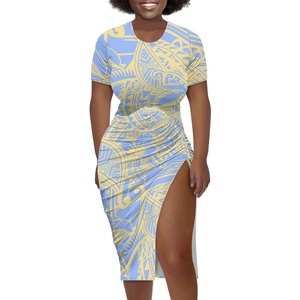 オリジナルポリネシア柄パッチワークレディーススリットシースドレスポリネシアS-5XL Oネックプラスサイズセクシードレスレディース卸売