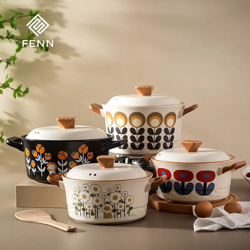 İskandinav moda seramik gıda güveç yuvarlak şekil çorba tenceresi yüksek sıcaklık dayanımı çiçek bitki el-boyalı güveç seti