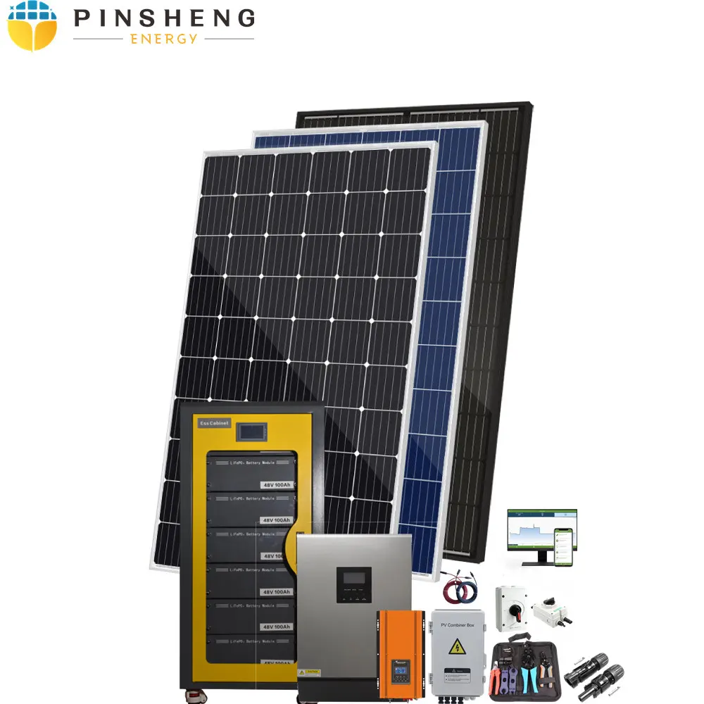 نظام طاقة شمسية هجين Pinsheng مخصص داخل وخارج الشبكة بقدرة 5 كيلو وات 10 كيلو وات 15 كيلو وات نظام طاقة شمسية كامل للاستخدام المنزلي