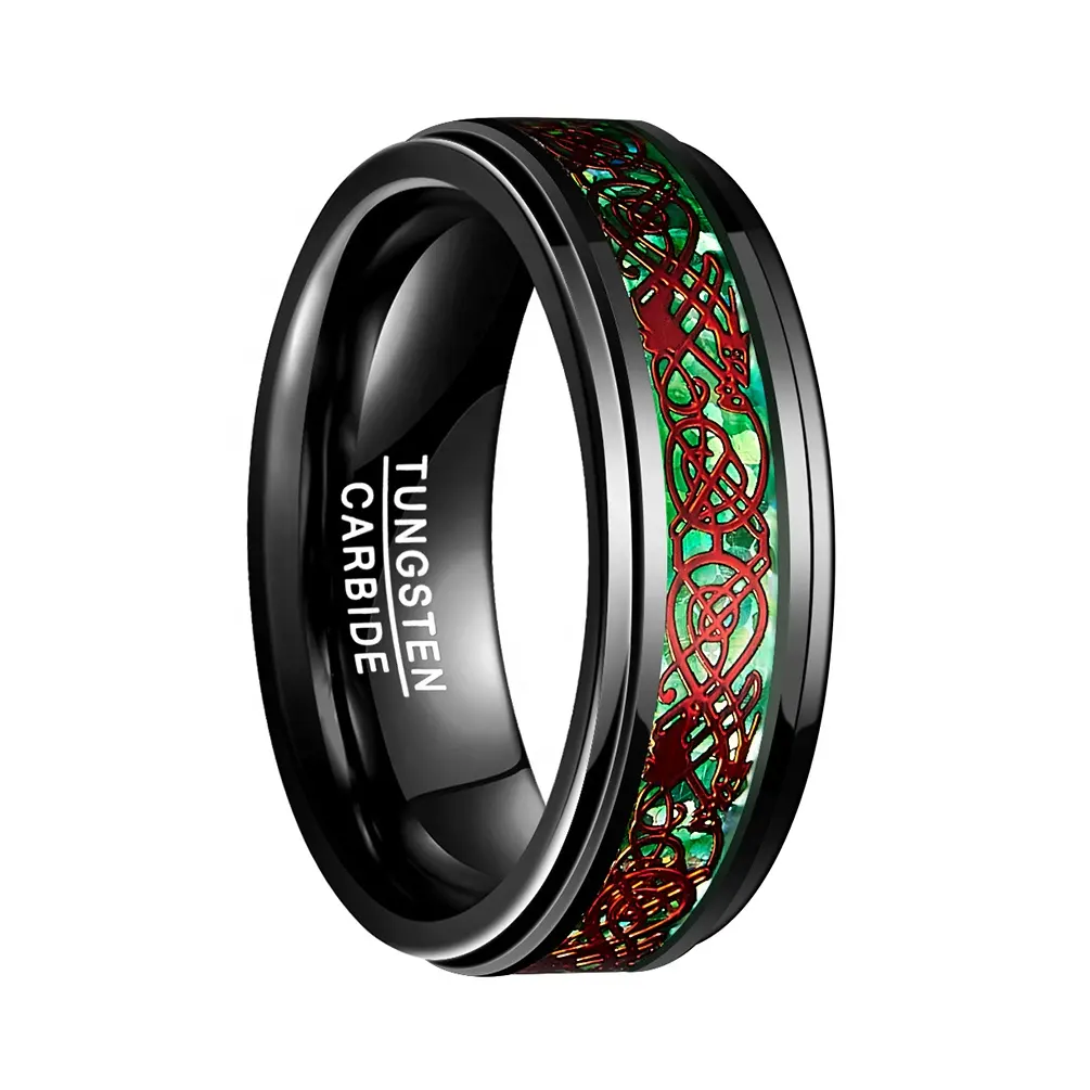 Anelli personalizzati in tungsteno nero Alin nodo drago celtico rosso con anello in tungsteno con fedi nuziali tono verde interno