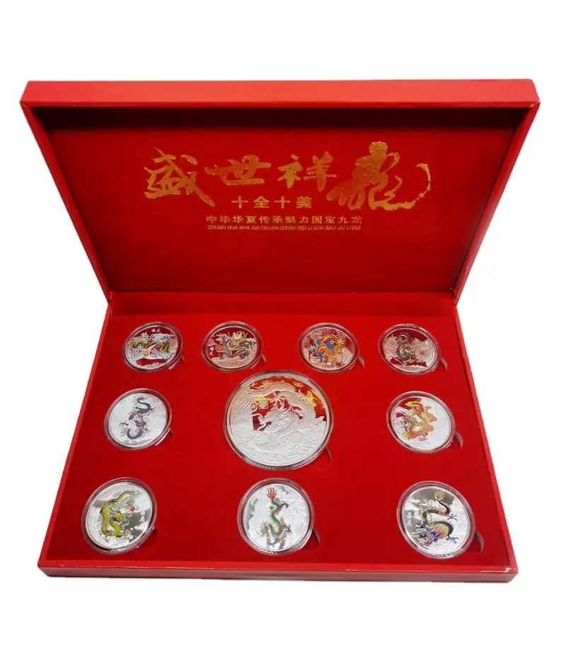Tesouro nacional Nove Dragon Wall Silver Dragon Coin Prosperidade Lucky Dragon 10pcs por moeda set