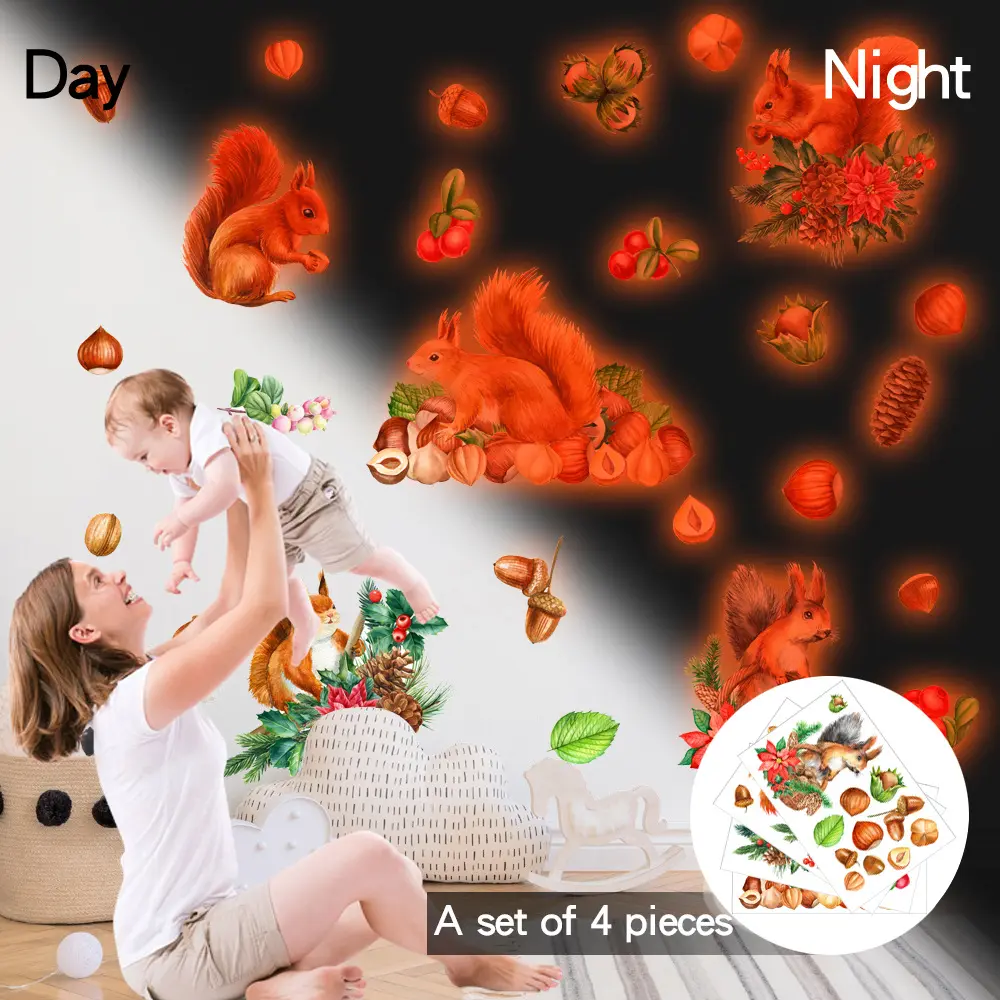 Lvfan YGP053 ardilla tuerca de pino pasta que brilla en la oscuridad DIY dibujos animados pegatinas fluorescentes habitación de los niños dormitorio pared decorativa S