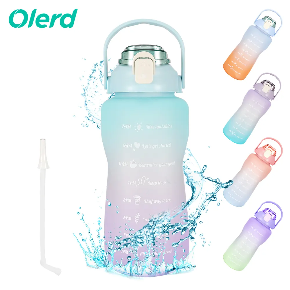 OLERD Botol Air Plastik Portabe, Besar Setengah Galon/64OZ Pegangan Portabel & Sedotan Dapat Dilepas Bebas BPA, Botol Air Anti Bocor