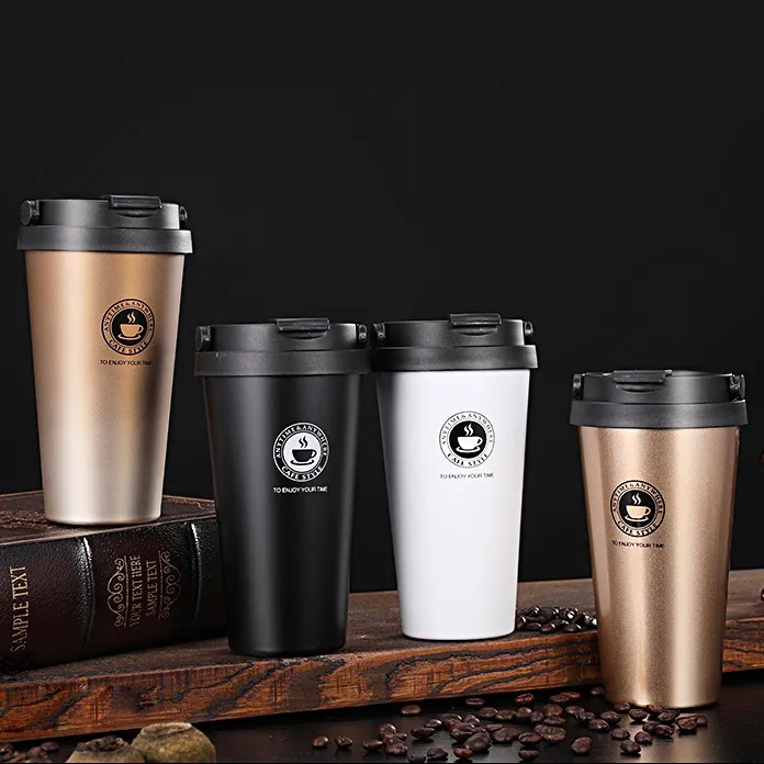 Mug Travel Mug Kopi Putih Emas Hitam, Penghangat dengan Tutup dan Cangkir Insulasi Perjalanan