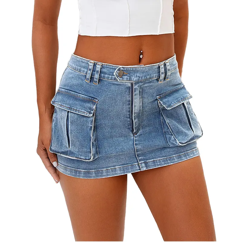Mini saia jeans feminina personalizada com cintura baixa e botões, saia jeans com bolsos para mulheres Y2K de alta elasticidade