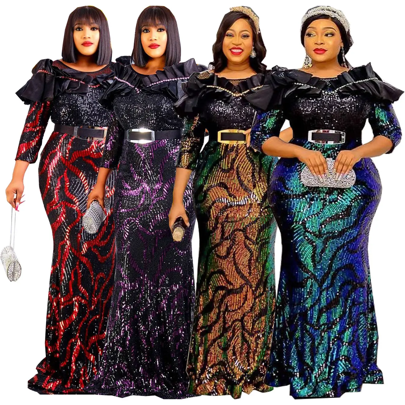 अफ्रीकी कपड़े महिलाओं के लिए 2022 महिला सुरुचिपूर्ण शानदार शाम पोशाक चमक सेक्विन सेक्सी म्यान मैक्सी पार्टी गाउन बेल्ट के साथ आते हैं