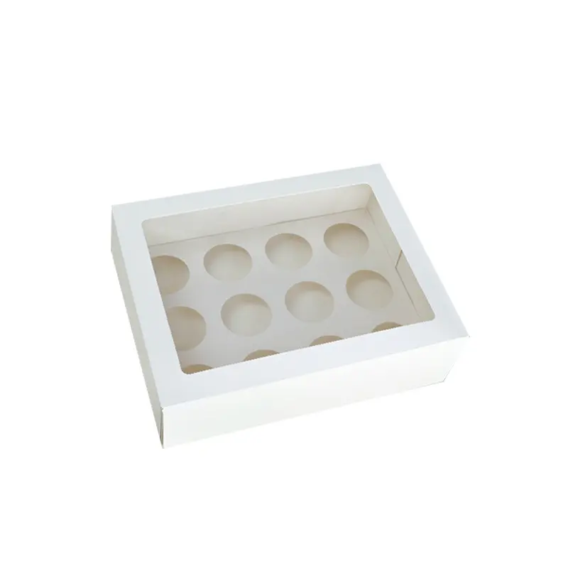Mini Cupcake Box 24 Cavity Weiß und Braun Flat Shipping 350GSM mit klarem Deckel Papier box für 12 Stück Cupcakes