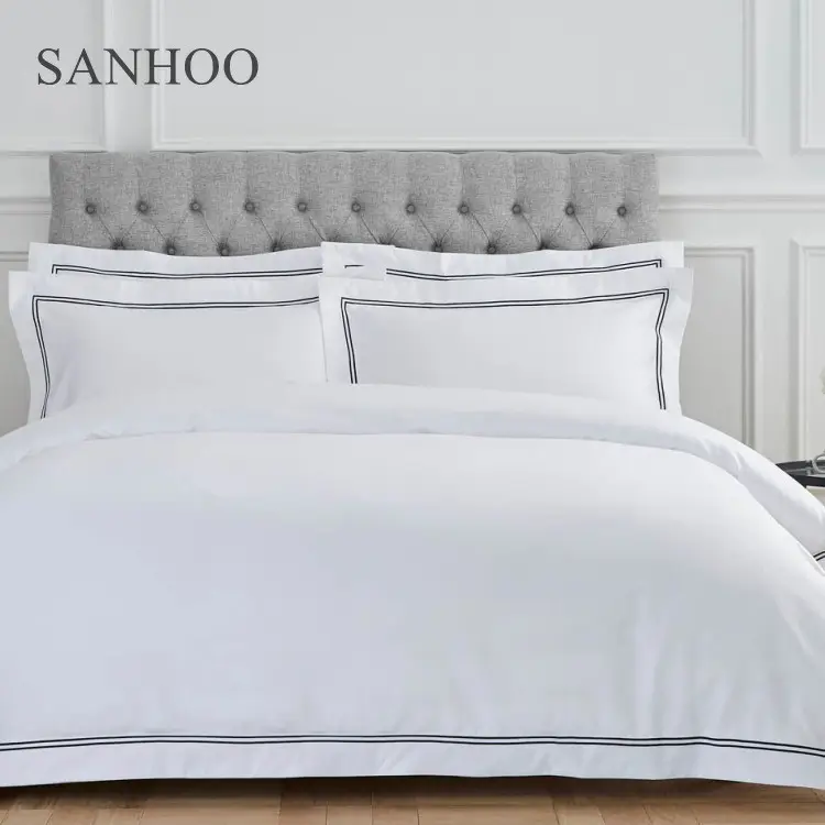 SANHOO 5 étoiles luxe hôtel lin broderie literie blanc taie d'oreiller housse de couette ensembles 100% coton hôtel luxe draps de lit