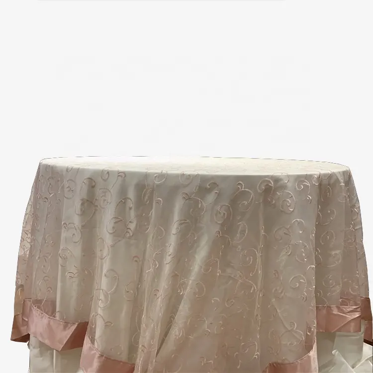 Swirl Ricamato Tovaglia Organza E Raso Tabella di Copertura Overlay Banchetto di Nozze Decorazione