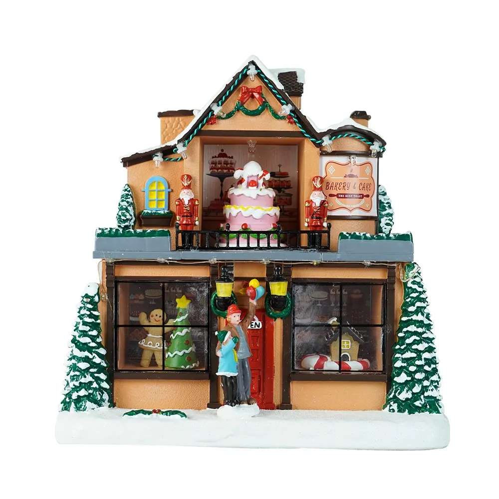 Venta al por mayor LED Light-up musical Candy shop Navidad casas de pueblo con animación para la decoración de Navidad y regalo