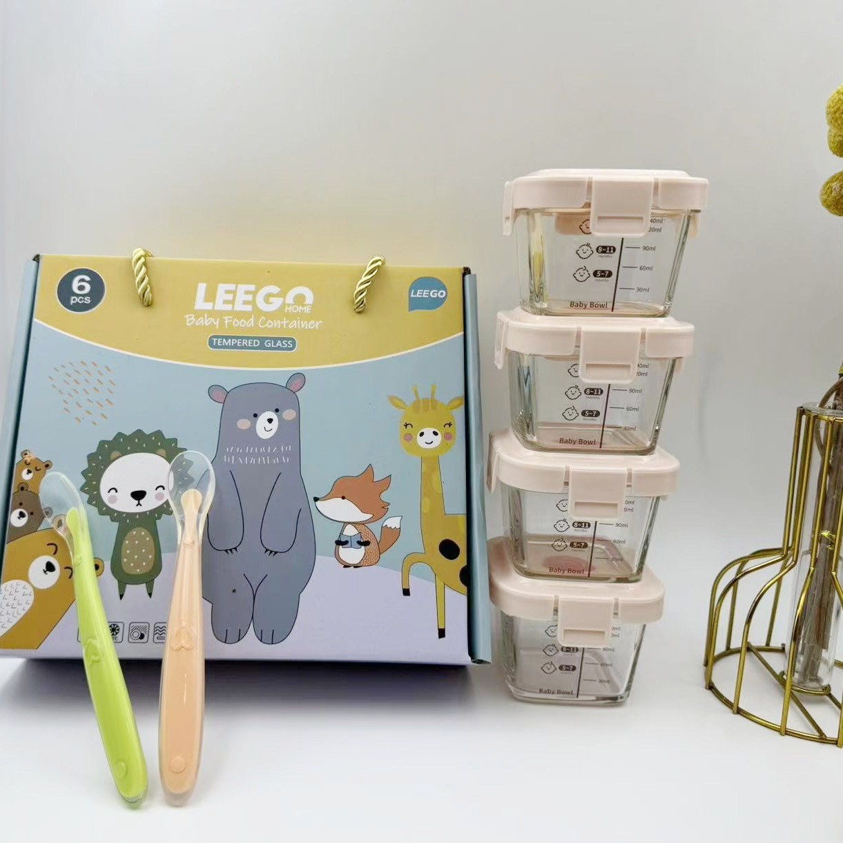 four-piece set, no silicone, six-piece square lid, off-white