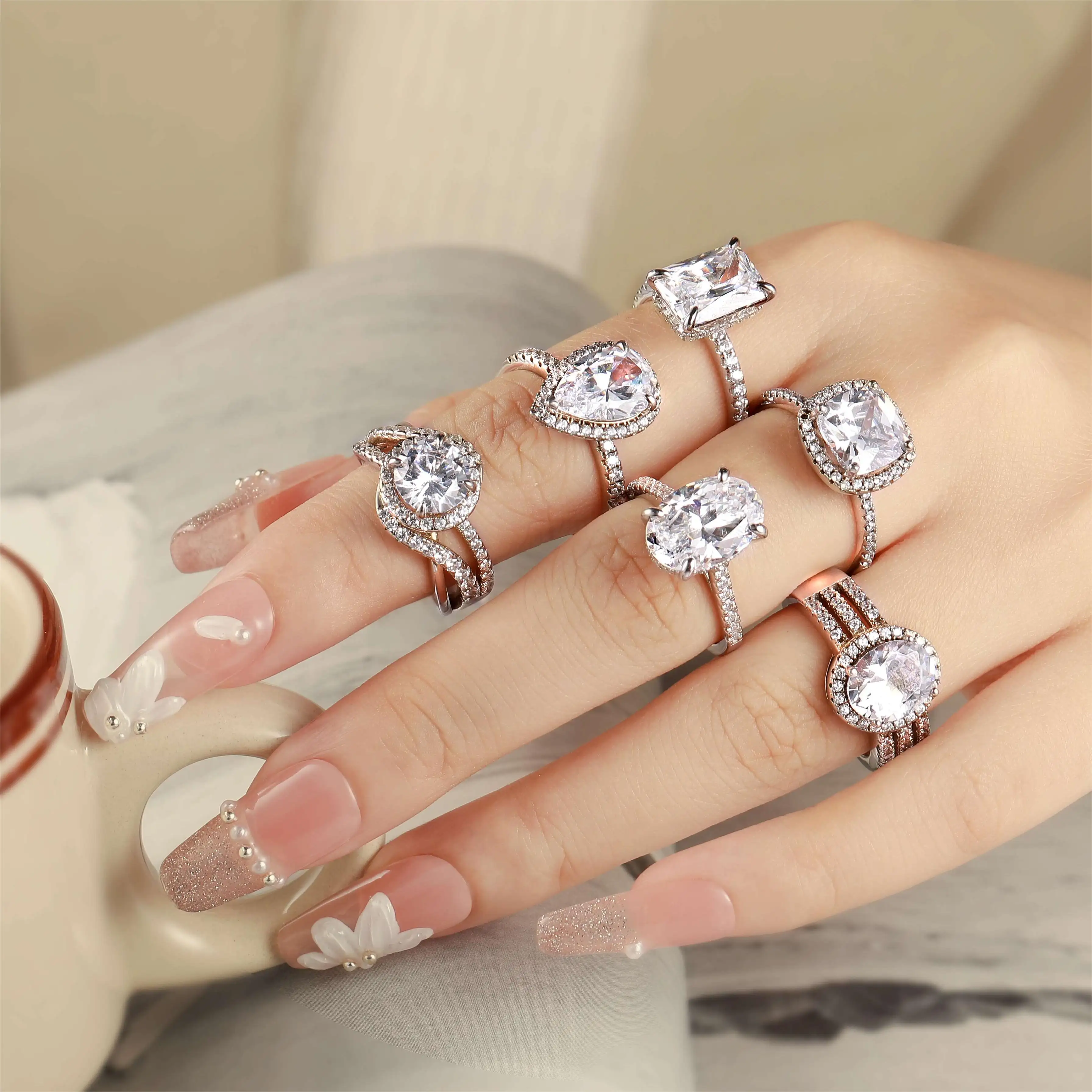 סדר מותאם אישית תכשיטי מסין 925 כסף סטרלינג טבעת כפול לב Halo אירוסין מבטיחים טבעת לנשים