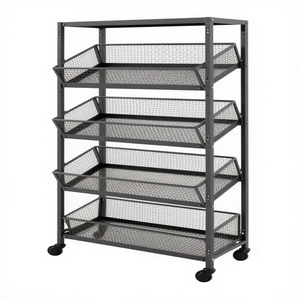 Custom Multi-Layer Metal Frutas e Vegetais Rodas Display Rack com Mesh Basket para Supermercado
