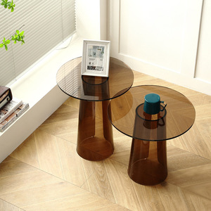 Juego de mesa de centro anidada moderna, mesa auxiliar de extremo acrílico para sala de estar, mesita de noche redonda marrón transparente, escritorio - Product Image 2