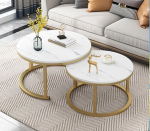 Easy Assemble <strong>End</strong> <strong>Table</strong> Round Bent Black Gold Metal Glass Marble Texture MDF Wood Side <strong>Nest</strong> Set of 2 <strong>Nesting</strong> Coffee <strong>Table</strong> - Product Image 3