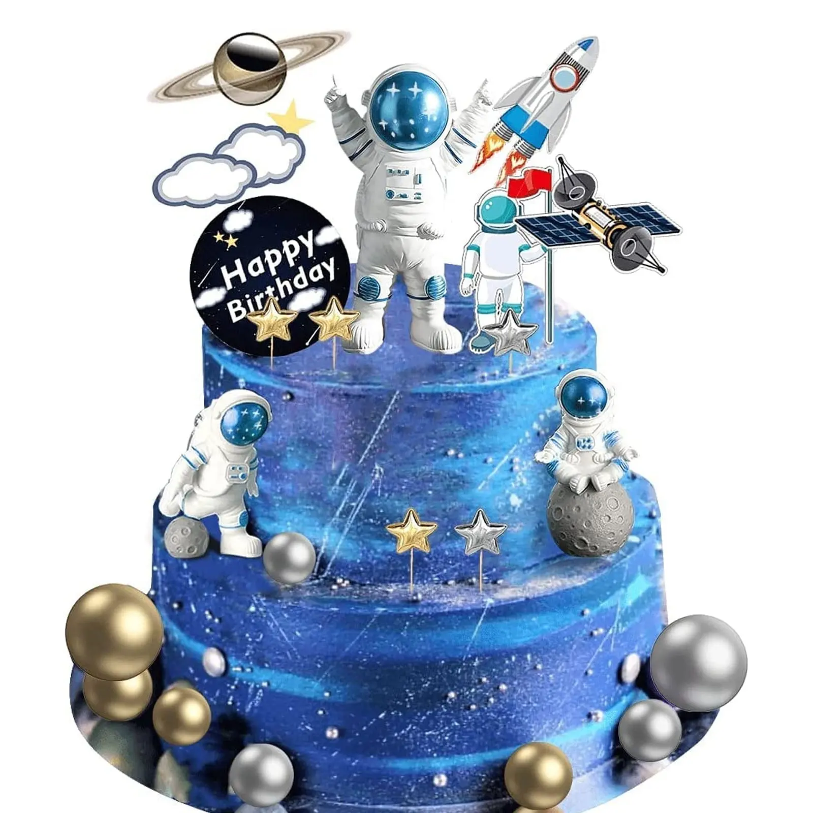 Astronauta Figurine compleanno spazio decorazioni per feste a tema pianeta Rocket Pearl Balls and Star DIY Space Cake Topper