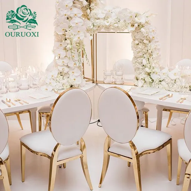 Proveedor de muebles Foshan, silla de boda de banquete de oro rosa, silla de hotel de acero inoxidable