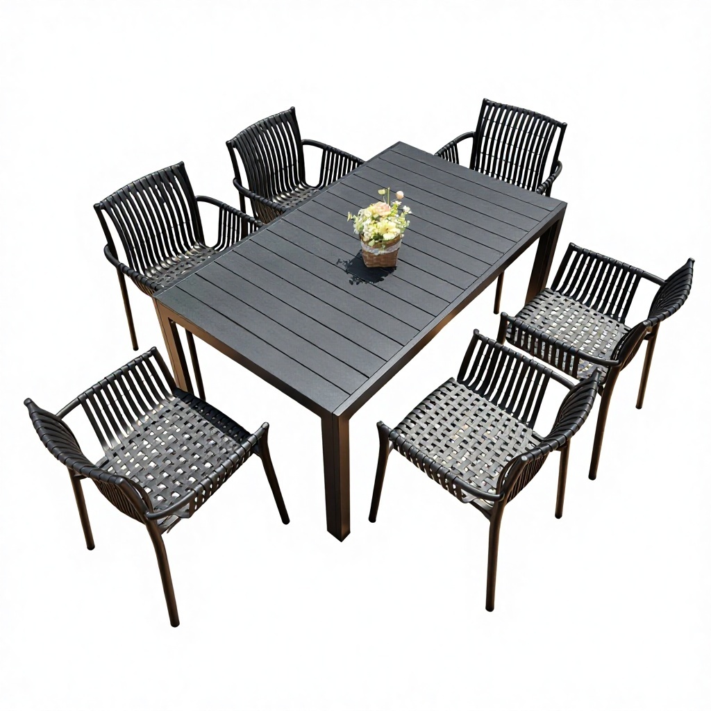 Tavolo lungo con struttura nera effetto legno, 150 cm - 6 poltrone