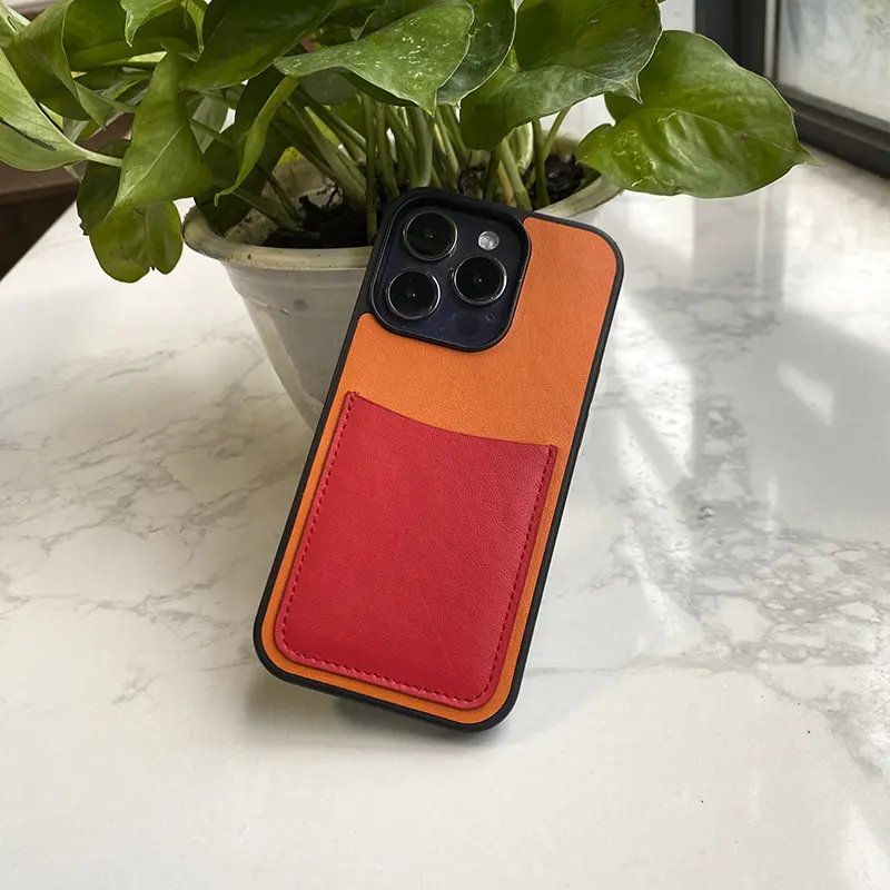 Diseñador de lujo última moda Stuck Full Grain Funda de teléfono de cuero con tarjetero Funda de teléfono