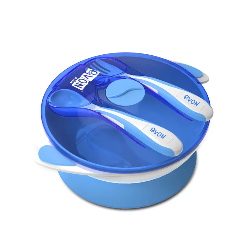 2024 Hot Sale Manufacturer Supply Wholesale Cheap Price Evon Baby Suction Bowl with Built-in cover Storage, Fork & Spoon