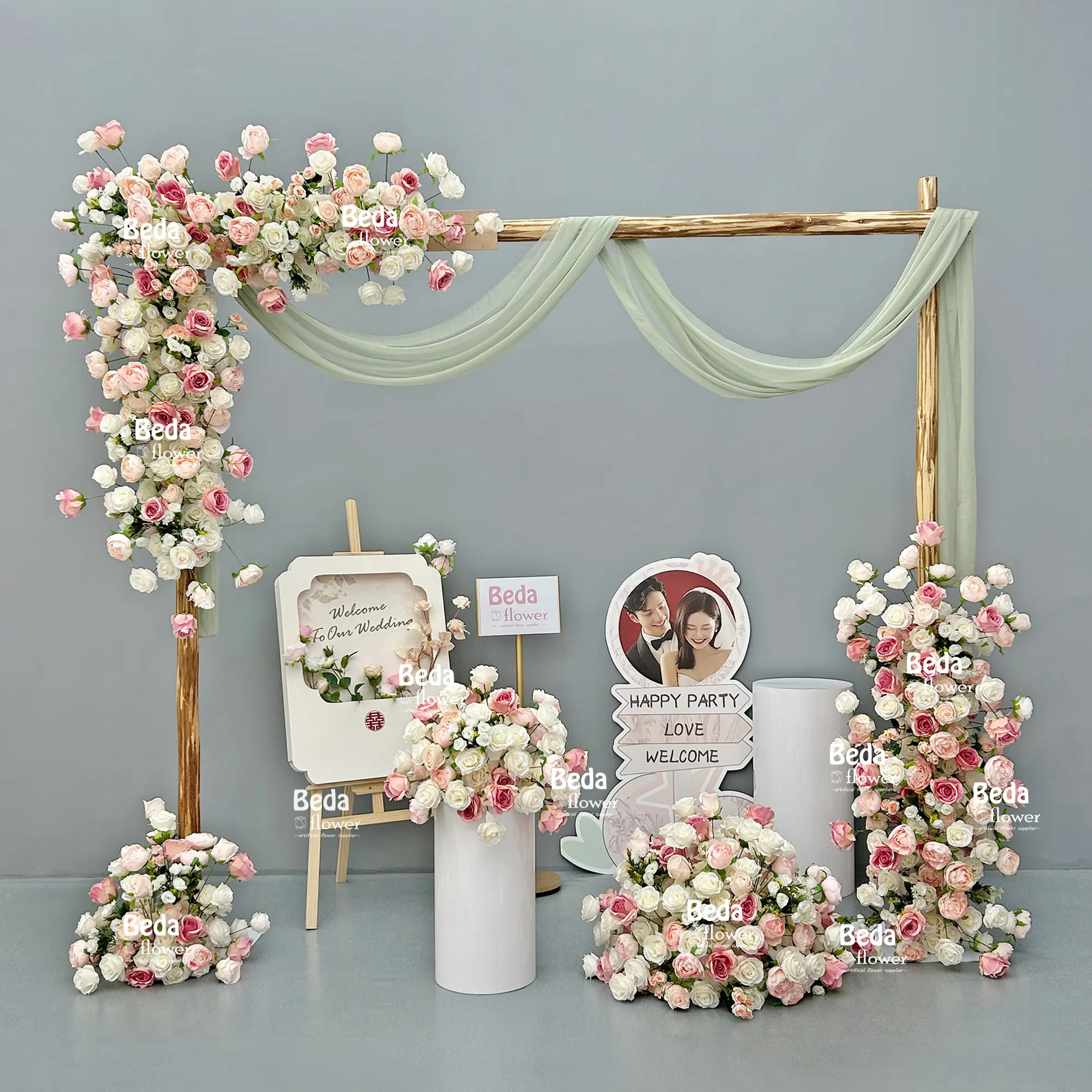 Corredor de mesa artesanal rosa e bege, peças centrais de flores para cenário de casamento e outros eventos, decoração ao ar livre