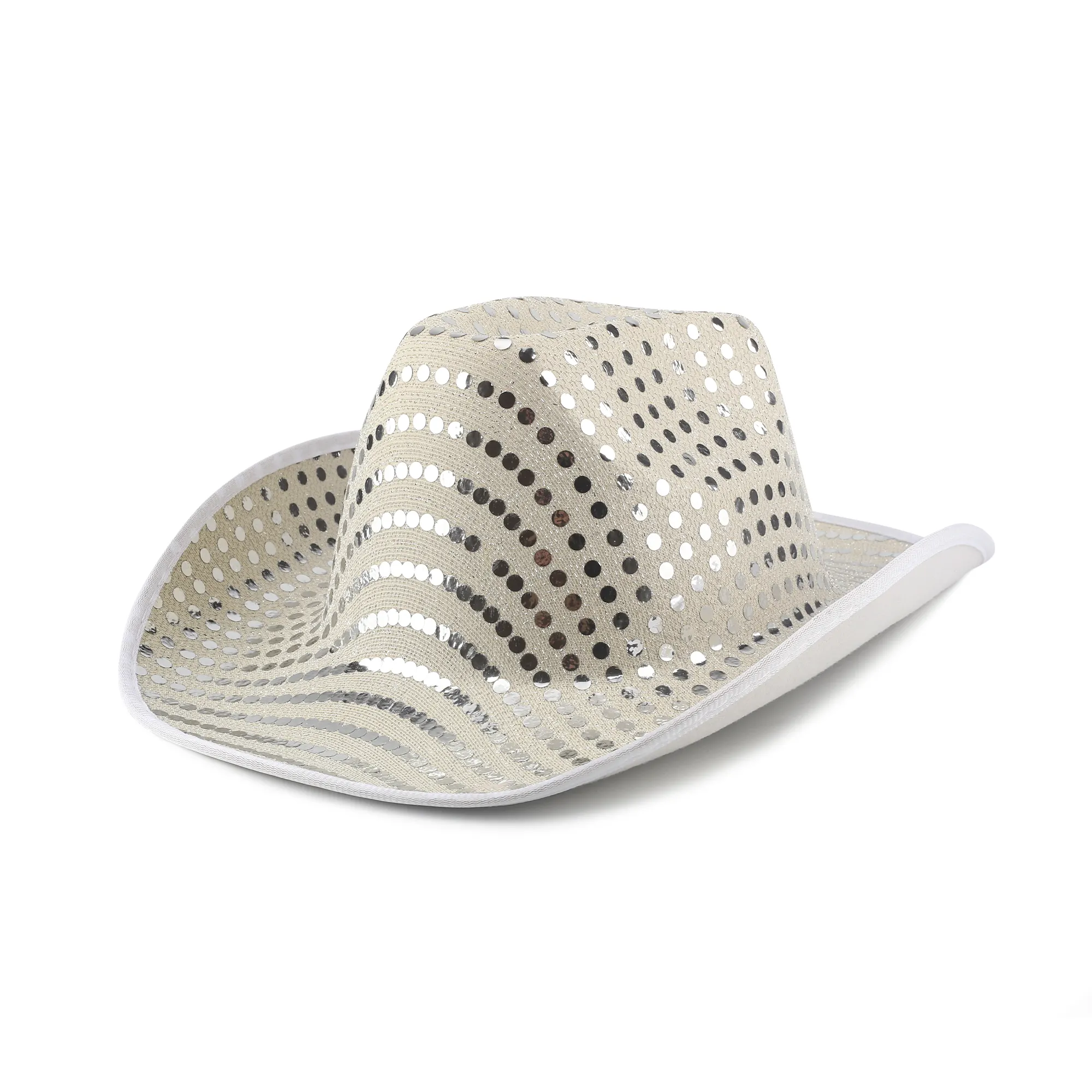 Sombrero de vaquero de lentejuelas plateadas bordado con logotipo de color sólido personalizado, sombrero de fiesta al por mayor unisex, venta directa de fábrica para adultos