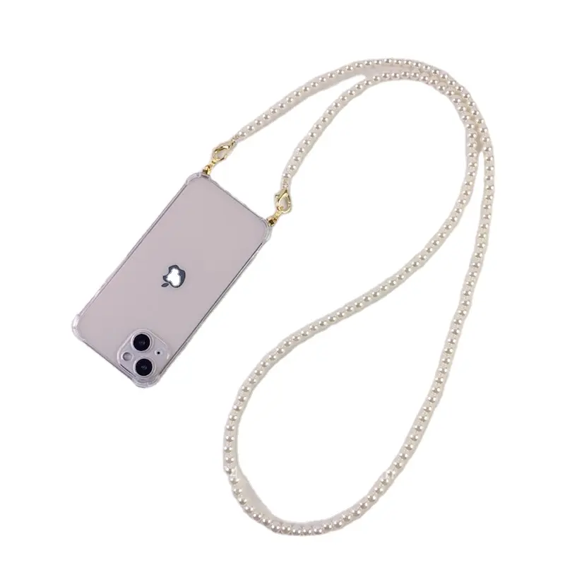 Luxury Korean Crossbody Lanyard Necklace Pearl Chain Phone case for iPhone 11 12 13 Pro Max Transparent Soft Cover with Strap