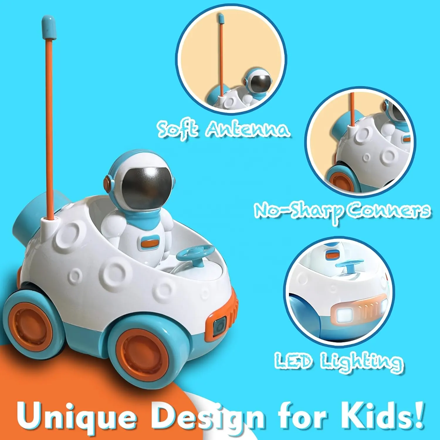만화 우주 비행사 원격 제어 자동차, 쉬운 제어 2 채널 빛과 음악이있는 유아 전기 우주 자동차 장난감