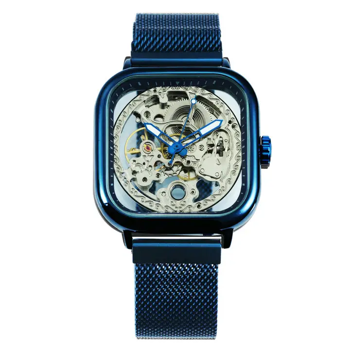 Ganador oficial azul relojes para hombre marca de lujo reloj mecánico automático hombres tallados imán correa de malla de esqueleto reloj de pulsera