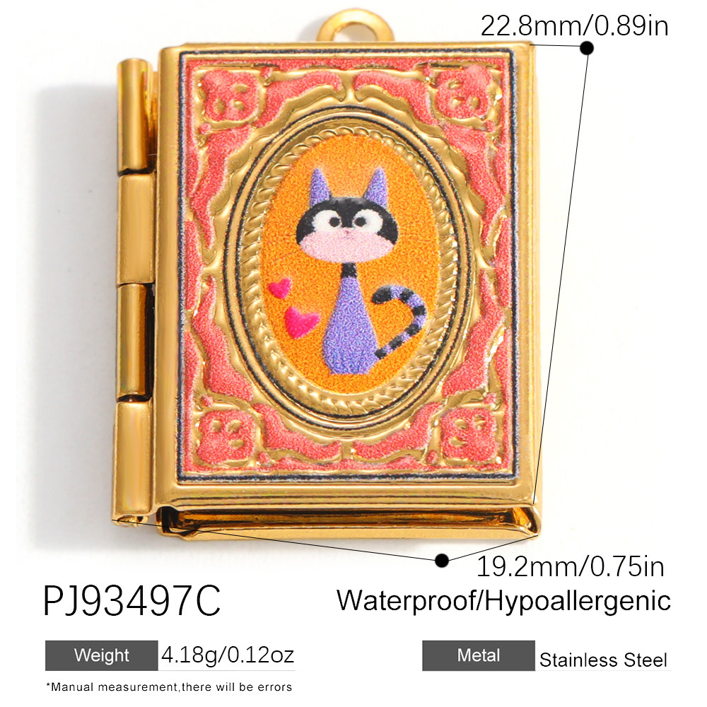 Libro dorado de 16 páginas con un gato morado.