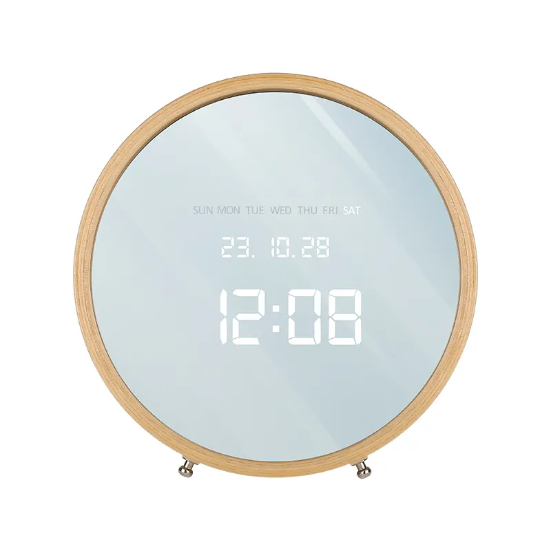 Reloj de pared de espejo Digital Led inteligente moderno con temperatura de madera 12/24h relojes de tiempo silencioso sin tictac iluminado pantalla LED grande