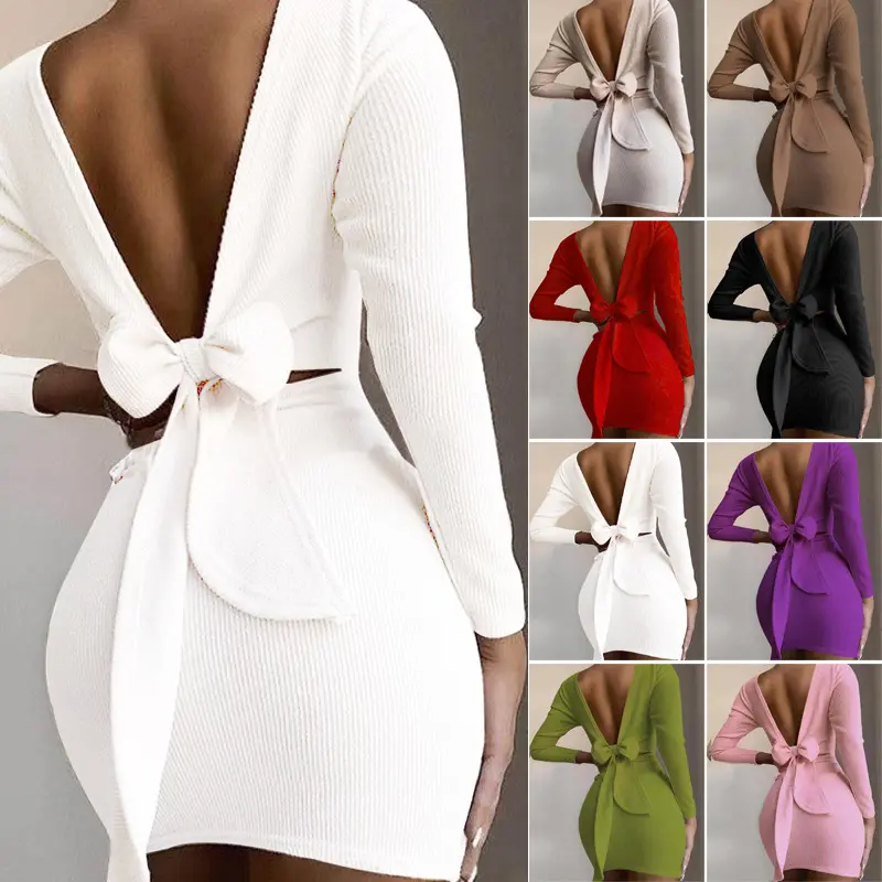 Fall 2021 women clothes Bow knot backless long sleeved mini dress womens dresses casual dresses