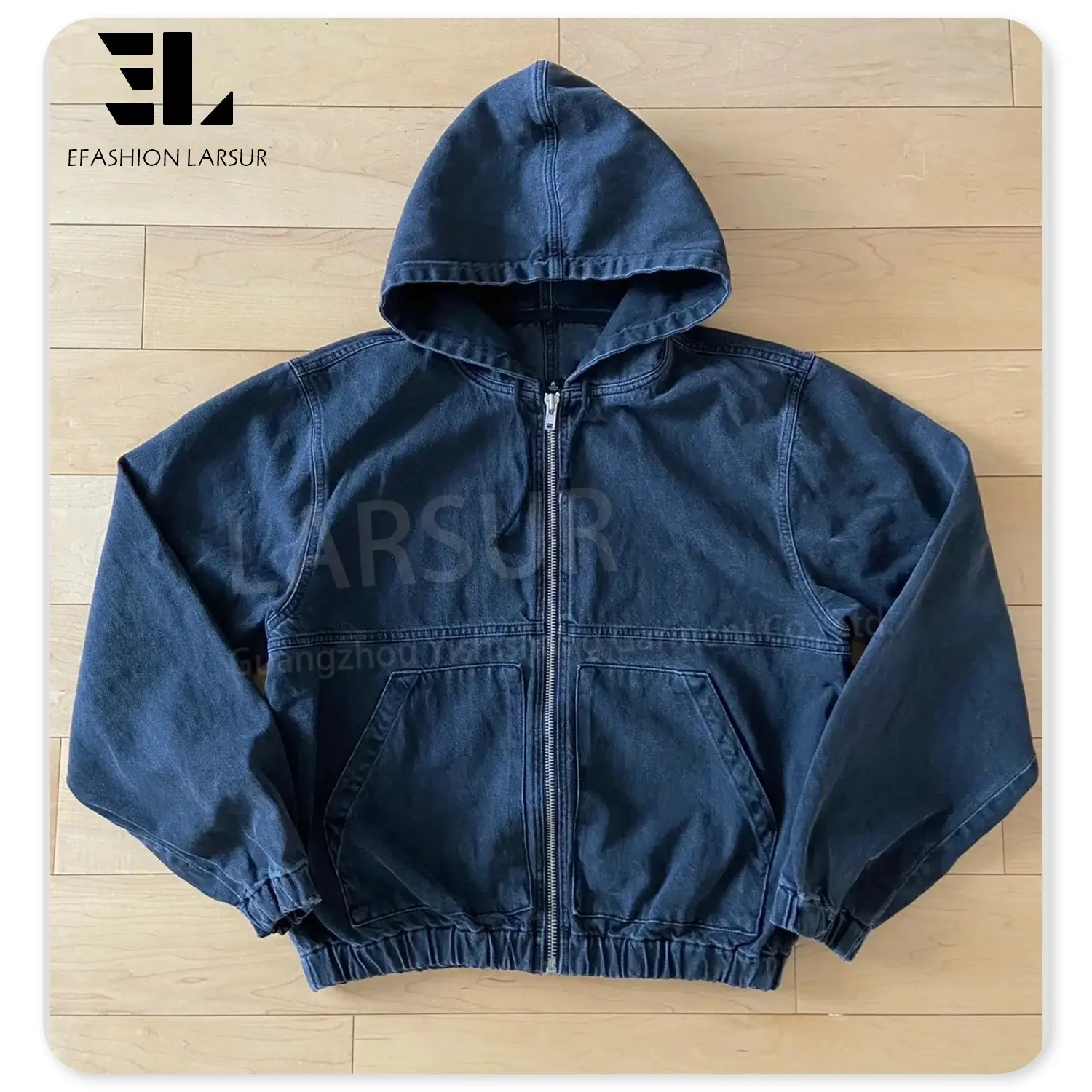 LARSUR özel vintage sıkıntı yıkama denim iş ceket bombacı kırpma yıpranmış zip tulum kot ceket ile kapşonlu denim hoodie erkekler