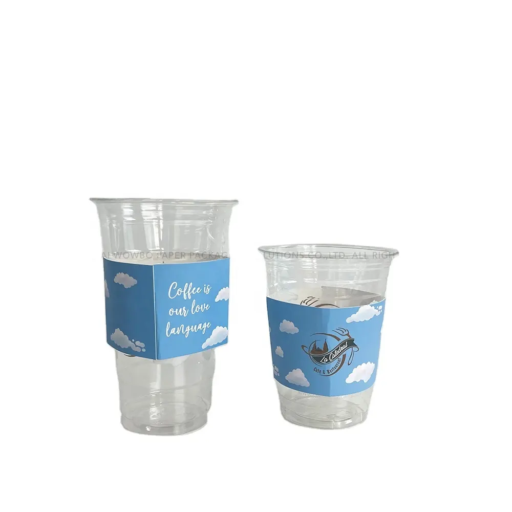 Funda de vaso de papel mate con logotipo de Castillo y eslogan de 2 caras azul cielo estampado de nubes blancas para embrague Ideal para cafetería