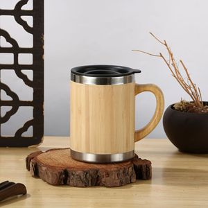 Eco Friendly 300ML Custom Logo Bamboo Wooden Light Water Tea Beer Mug Stainless Steel Thermos Coffee <strong>Cup</strong> Tumbler With Handle Lid