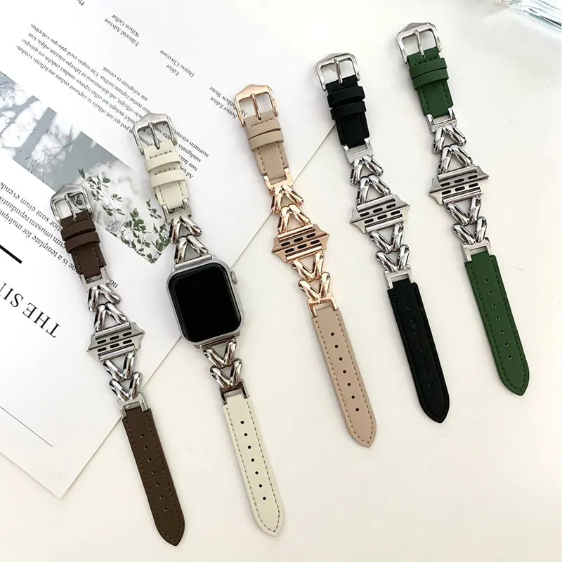 Tali jam kulit asli Retro desain baru, dengan sambungan rantai logam tali jam tangan wanita untuk Apple i Watch