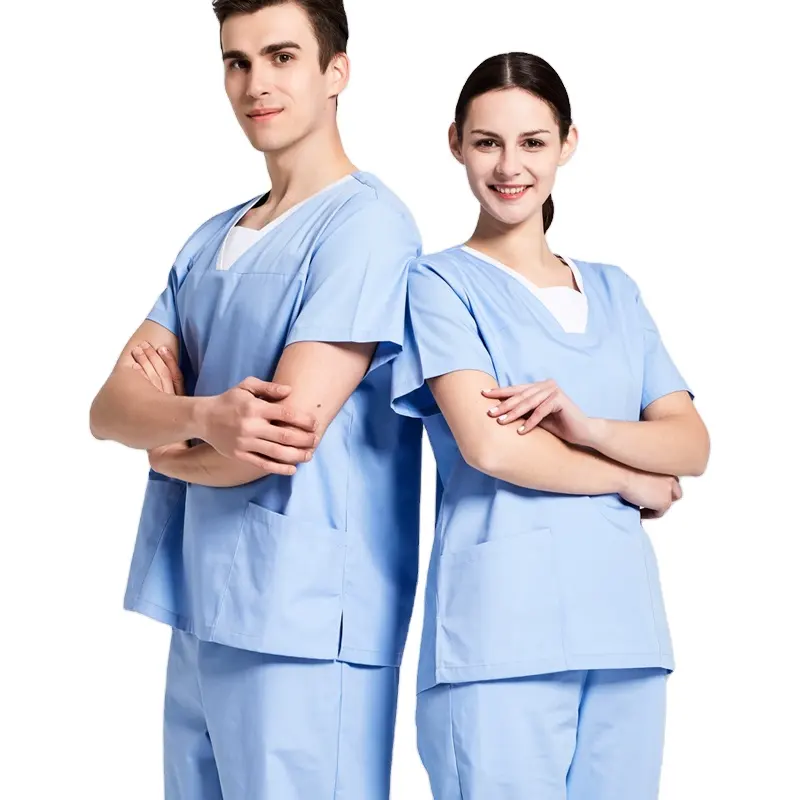 Anno แฟชั่นสวมใส่คลาสสิก V คอแสงสีฟ้าพยาบาลโรงพยาบาลเครื่องแบบสำหรับผู้ชายและผู้หญิงทอพยาบาล Scrubs Uniform