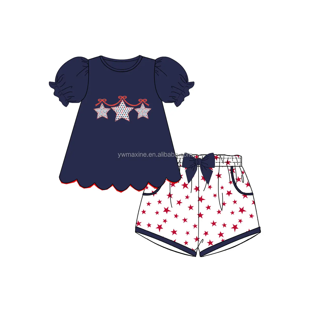 Puresun enfants 4 juillet vêtements enfants boutique USA Star applique bébé fille chemise d'été et tenues courtes