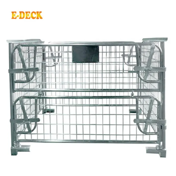 Folding stacking warehouse storage customized metallic powder coating durable steel wire cage with wooden pallets