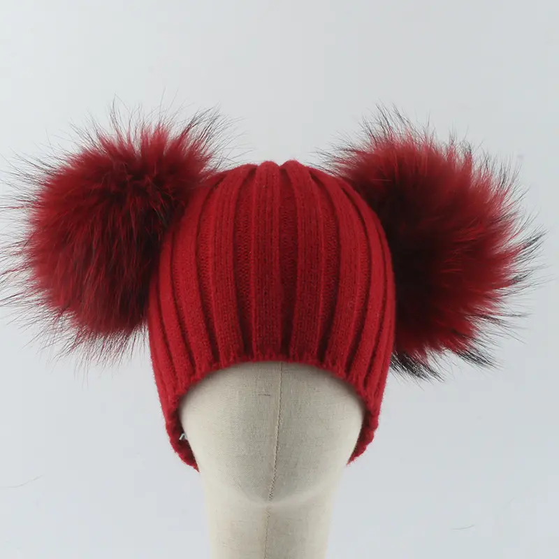 Gorros de lana de punto para niños y niñas, gorro de lana con doble pompón y bolas de pelo, cálido, para invierno