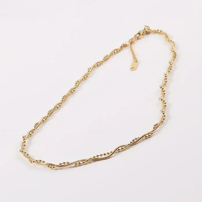 18K Gold Plating Stainless Steel Simple Ball and Snake Twisted Chain Necklace