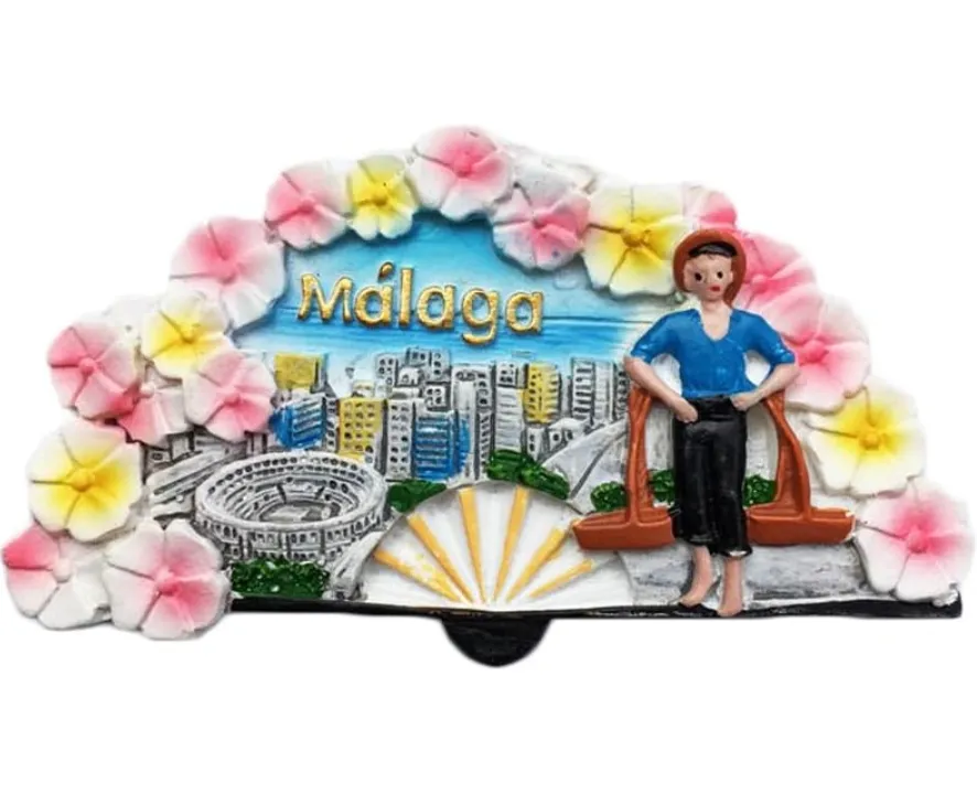 Abanico plegable de resina 3D Málaga Imán refrigerador español souvenirs turisticos. Pegatinas magnéticas para decoración del hogar y la cocina