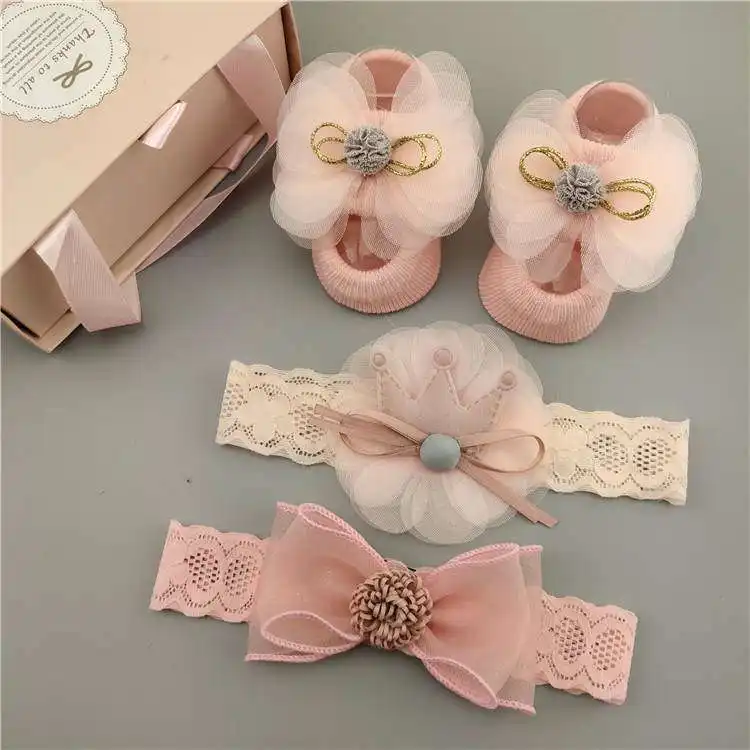 Conjunto de zapatos con cinta para el pelo para bebé recién nacido, conjunto de zapatos coreanos con lazo Irregular de hilo de red, regalo para bebé