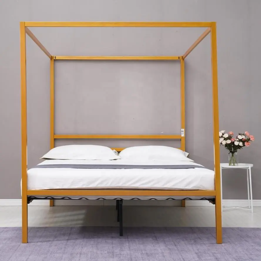 Marco de cama de dosel de Metal de hierro dorado, doble King, moderno y Popular, 4 postes, bajo precio de fábrica