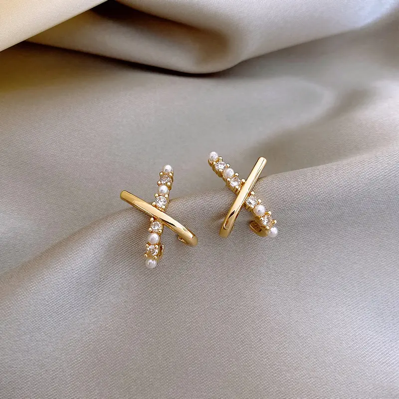 GT 18k gold plated crystal diamond cross pearl zircon 925 silver needle stud earrings