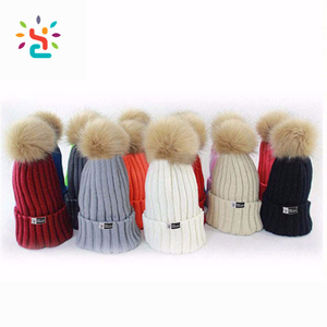 Women Hat Winter Knit Beanie Ski Cap Bobble Hat Faux Fur Pom 15cm Ball Straight Needle Knit Hat Patterns