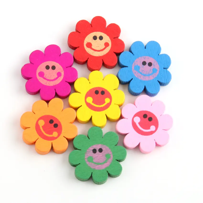 Bunga kartun lucu manik-manik kayu 22mm senyum wajah bahagia manik-manik bunga dicelup cetakan warna campuran untuk anak-anak DIY membuat perhiasan
