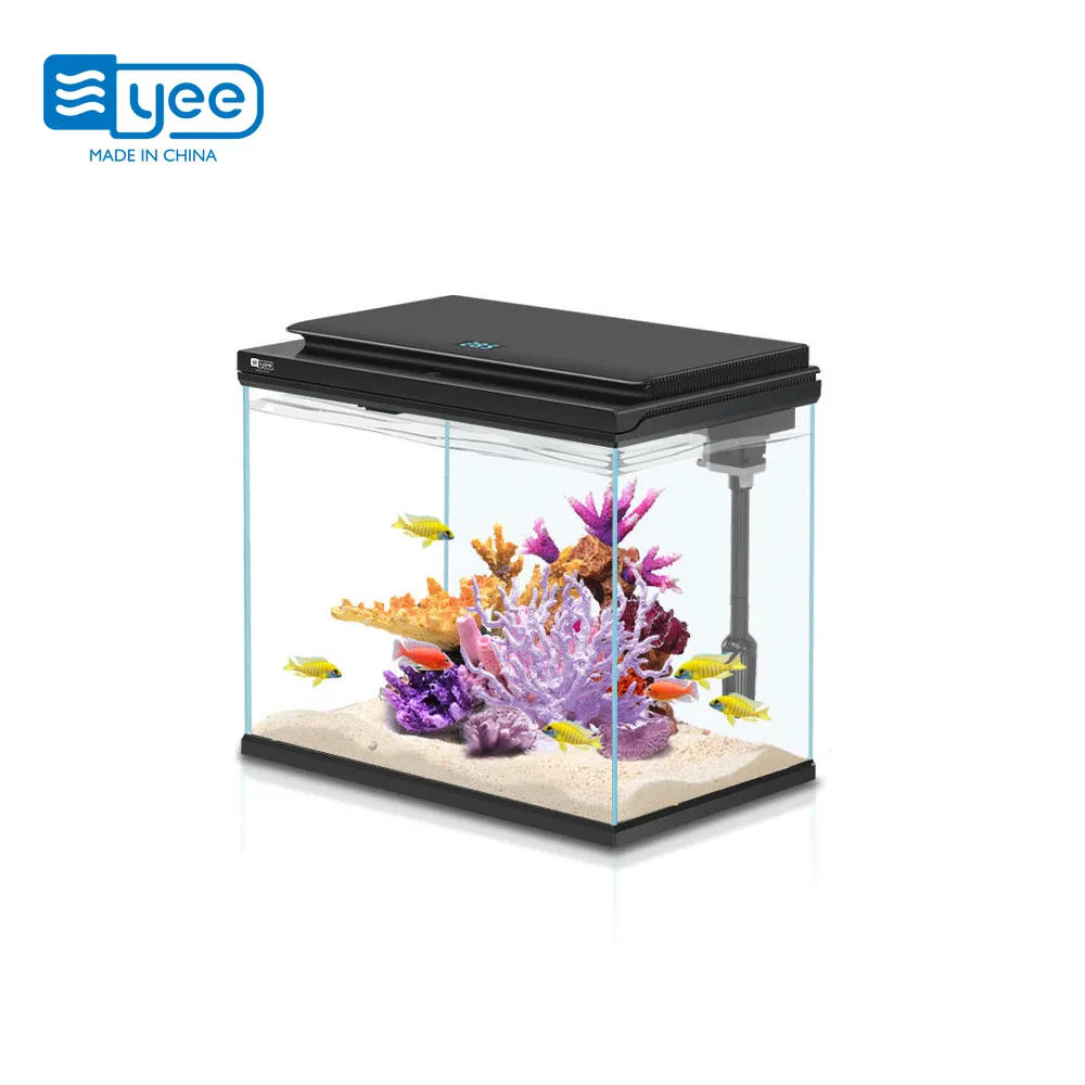 YEE Glass Desktop Aquarium Mini Fish Tank with Water Filter Colorful Adjustable LED Lamp Light for Home