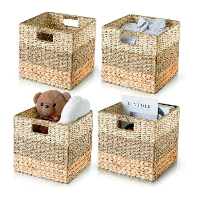 custom size Natural Foldable Square Wicker Hyacinth Storage Baskets for Shelves