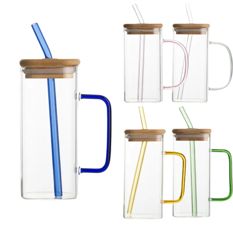 Bicchieri chiaro barattolo di vetro quadrato da viaggio tazze da caffè succo di birra latte può tazza di vetro con manico coperchio di bambù e paglia di vetro